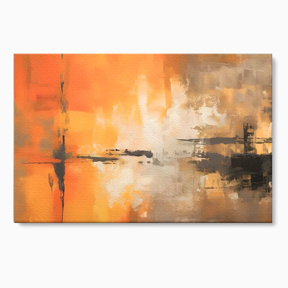 Tablou canvas cu pictura abstracta cu forme portocalii si negre, fara rama, pe sasiu de lemn